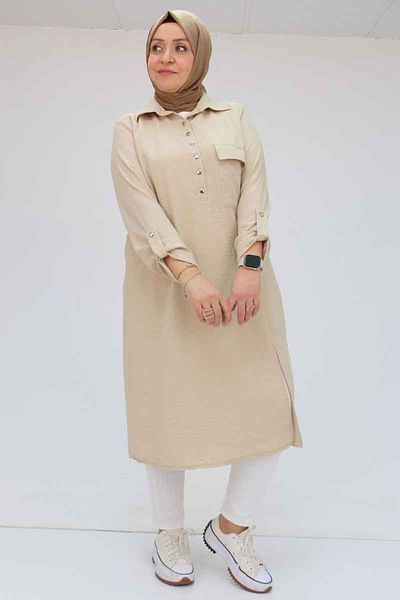 Eslina Large Size Linen Tunic - Beige, Half Placket Buttoned