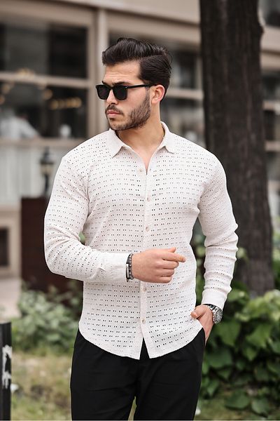 ZİNOX Men's Long Sleeve Perforated Pattern Knitted Fabric Regular Pattern New Season Shirt