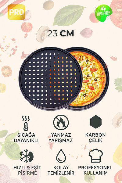 Ülgenev 1 Piece 23 cm Round Hole Carbon Steel Pizza Tray Fireproof Non-Stick, Practical Baking Tray