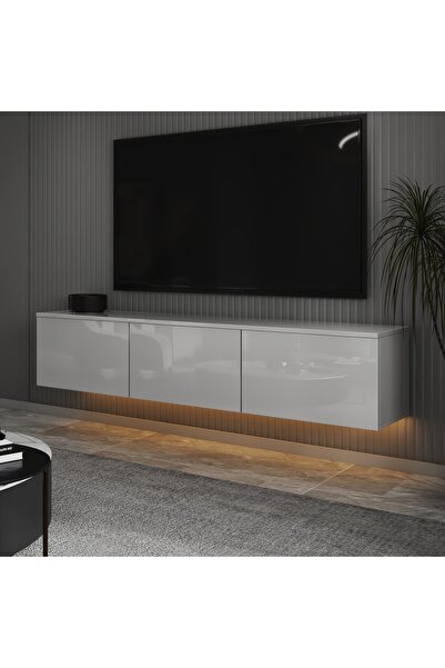 İNARCH DİZAYN T0020 Alston 3 Kapaklı Duvara Monte Tv Ünitesi Led Işıklı, Modern Tasarım, 160 Cm Parlak Beyaz