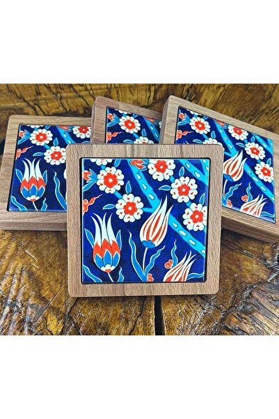 Çini Evi Wooden Coaster Set with Tulip and Spring Motifs