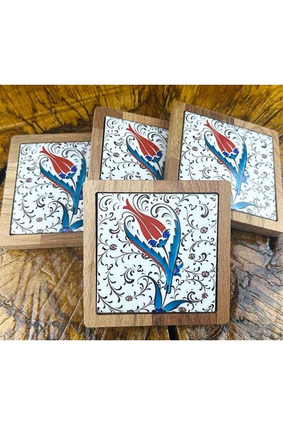 Çini Evi Tulip Motif Wooden Coaster Set