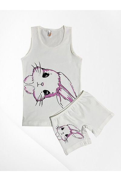 elmas kids Girl's 100% Cotton White Color Rabbit Patterned Strappy Tank Top Boxer Set