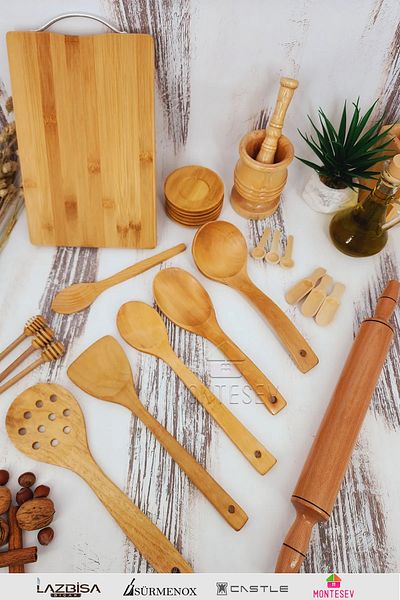 MONTESEV Wooden Wood Kitchen Spoon Set Roller 24 Pieces Beech, Boxwood and Bamboo Wood Spoon