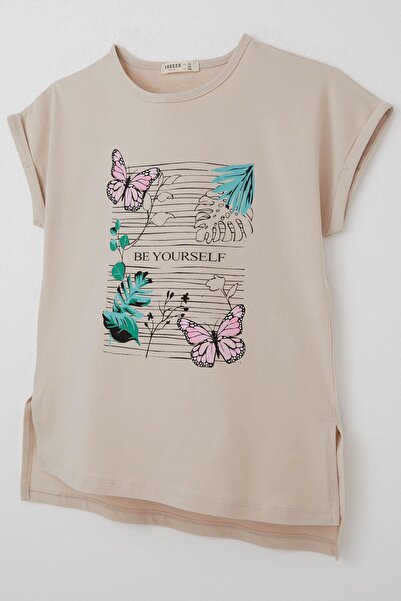 Breeze Μπεζ μπλουζάκι για κορίτσι 10-16 ετών - στάμπα με πεταλούδα και λουλούδια