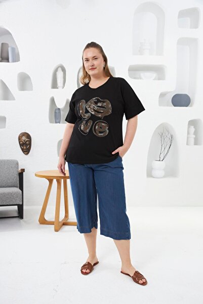 RMG Love Stone Printed Large Size T-Shirt Black