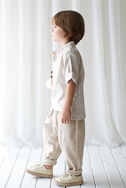 Catz Kids Mink Vera Linen Stitched Carrot Trousers + Cream Brown Striped Linen Stringed Shirt