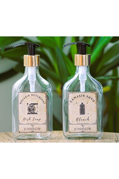 junibeliw 2li Set Vintage Gold Yassı Model CAM Boş Bulaşık Deterjanlık Çamaşı...