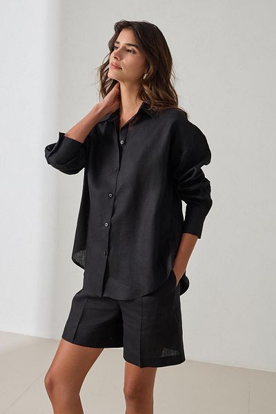 Setre Black 100% Linen Long Sleeve Oversize Shirt