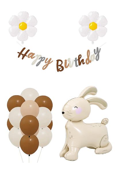 Patladı Gitti Daisy and Oversized 3D Beige Rabbit Design Retro Birthday Set