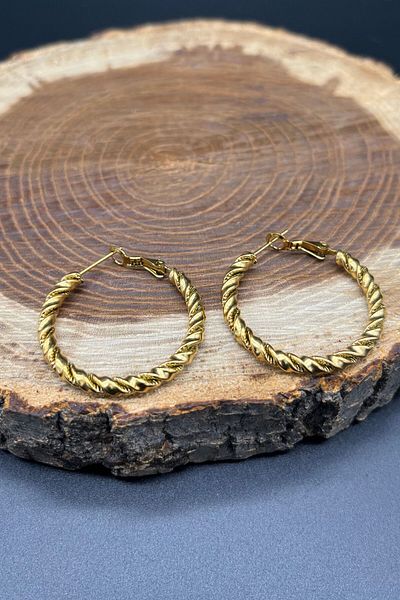 Balzamin Design Gold Color Twist Model Hoop Steel Earrings, Antiallergic, Stainless Steel Hoop Earrings