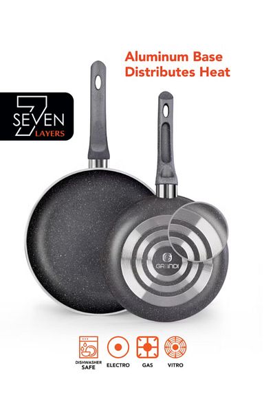 GRANDİ 3-Piece Non-Stick Titanium High thickness Frying Pan Set Grey 26-22-18cm