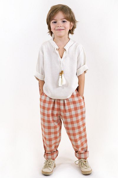 Catz Kids Carrot Trousers Orange Cream Plaid Linen + Cream Linen Drawstring Shirt