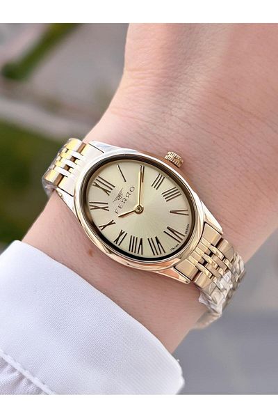 FERRO Women's Wristwatch and Bracelet + 2 Years Warranty Italian Design Steel Band Oval Case
