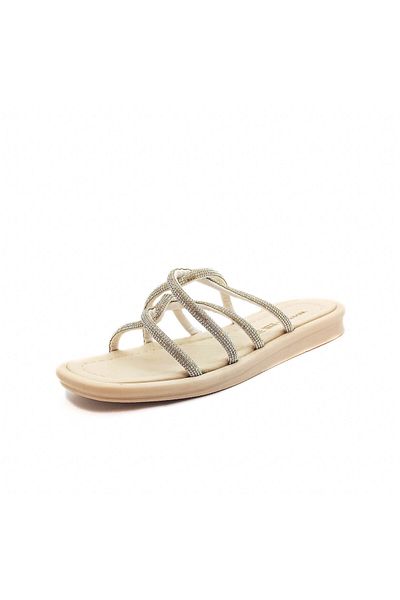 GDT Ayakkabı Beige Color Flat Sole Stone Band Detailed Women's Slippers