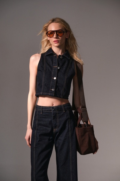 Maule Μπλε 100% βαμβακερό ακατέργαστο τζιν κοντό μεταλλικό κουμπιά αμάνικο γυναικείο τζιν γιλέκο @modena