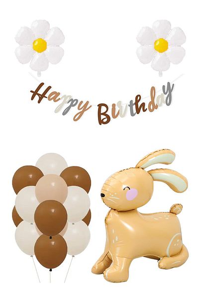 Patladı Gitti Retro Birthday Set with Daisy and Oversized 3D Caramel Rabbit Design