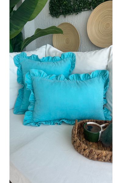 Decamor home Vintage Frilly Turquoise Color Throw Pillow Cover 1Pc