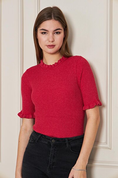 Irmak Kerekli Women's Red Ruffled Short Sleeve Ribbed Knitwear Blouse 1212