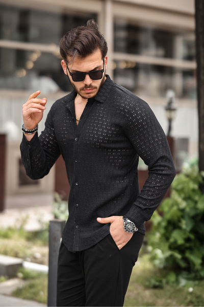 ZİNOX Чоловіча сорочка з довгими рукавами та візерунком з отворами, трикотажна тканина, стандартний крій, новий сезон