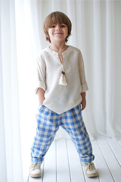 Catz Kids Carrot Trousers Blue Cream Plaid Linen + Cream Linen Stringed Shirt