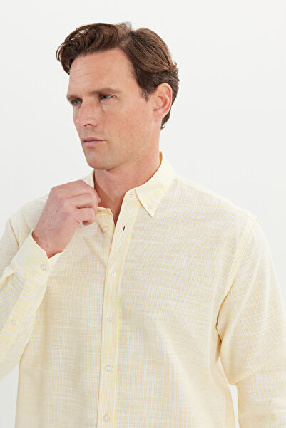 AC&Co / Altınyıldız Classics Men's Yellow 100% Cotton Comfort Fit Relaxed Cut Button Collar Striped Shirt