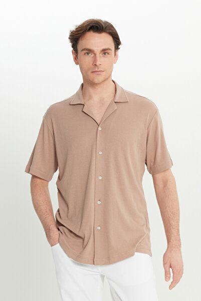 AC&Co / Altınyıldız Classics Men's Mink Comfort Fit Relaxed Cut Hawaiian Collar Jacquard Shirt