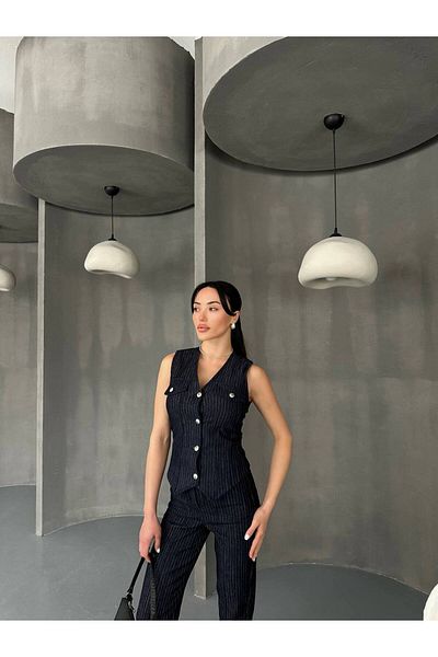 QİMYA BUTİK Hot Fashion Women's Striped Jean Stretchy Denim Fabric Vest Oantolonlu Wintage Suit