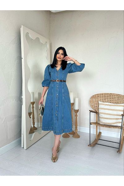 AB LOOKS Women's Blue Denim V-Neck 100% Cotton Front Buttoned Princess Sleeve Midi Length Flared Jean Jeans Dress with Pockets