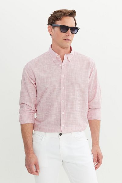AC&Co / Altınyıldız Classics Men's Red 100% Cotton Comfort Fit Relaxed Cut Button Collar Striped Shirt
