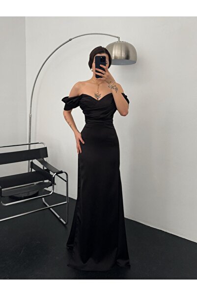 Serica Moda Siyah Büzgülü Düşük Kol Saten Abiye Elbise