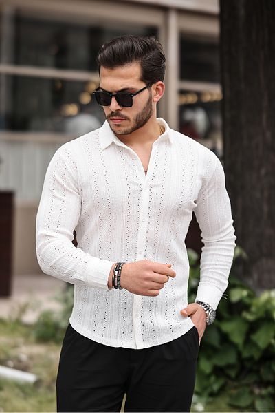 ZİNOX Men's Long Sleeve Cross Hole Special Design Pattern Knitted Fabric Regular Fit Shirt