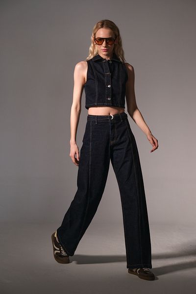Maule Sporty Stitching Detail Jean D Buckle Belt Denim, Wide Leg Palazzo Women's Pants