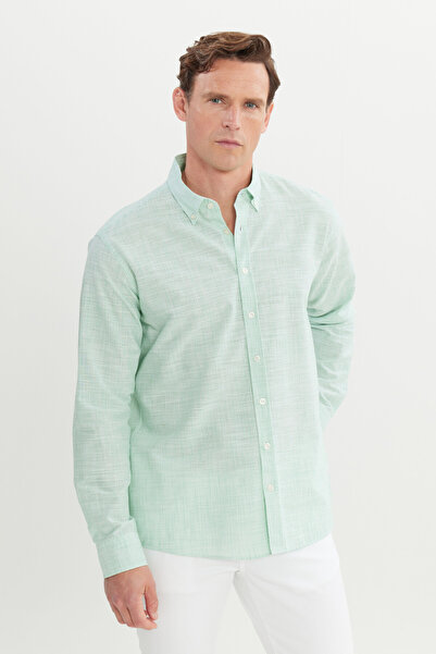 AC&Co / Altınyıldız Classics Ανδρικό πράσινο 100% βαμβακερό πουκάμισο με ριγέ γιακά με κουμπιά