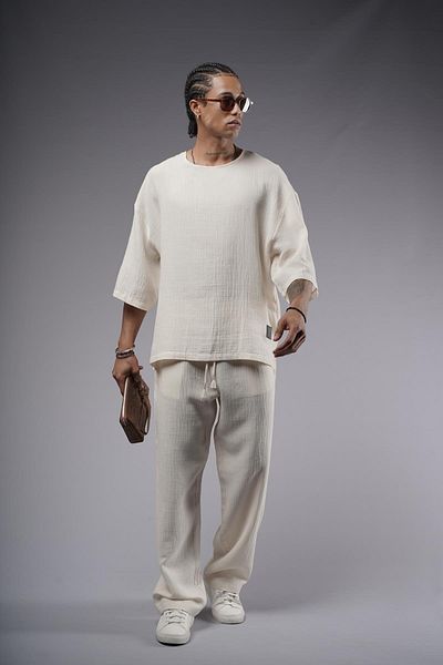 king brich Wide Collar Oversize Fit Muslin Bottom Top Set