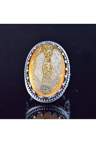 KAMBO Gerçek Doğal Akik, Şİslami Şeriat Yazılı Yüzük - 925 Ayar Gümüş El Yapımı Erkek Büyük Y