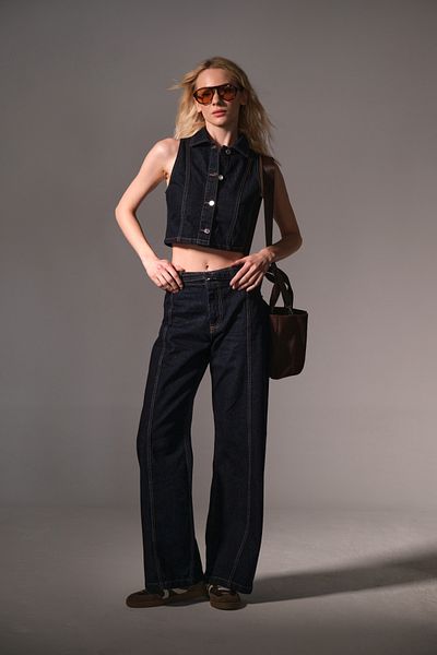 Maule Sporty Stitching Detail Jean D Buckle Belt Denim, Wide Leg Palazzo Women's Pants