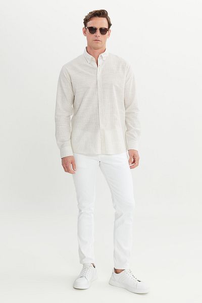 AC&Co / Altınyıldız Classics Ανδρικό μπεζ 100% βαμβακερό πουκάμισο με ριγέ γιακά με κουμπιά
