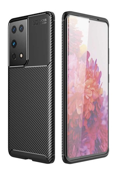 tekno grup جراب لهاتف Galaxy S21 Ultra بنمط كربون Lux Negro سيليكون أسود + وا...