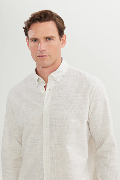 AC&Co / Altınyıldız Classics Men's Beige 100% Cotton Comfort Fit Relaxed Cut Button Collar Striped Shirt