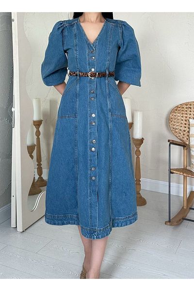 AB LOOKS Women's Blue Denim V-Neck 100% Cotton Front Buttoned Princess Sleeve Midi Length Flared Jean Jeans Dress with Pockets
