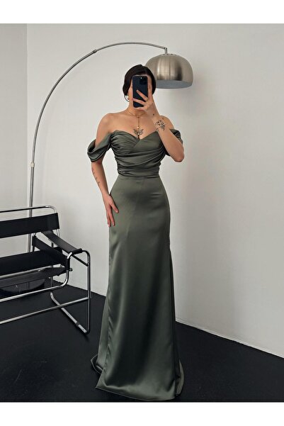 Serica Moda Βραδινό φόρεμα με χακί με κορδόνι με χαμηλό μανίκι