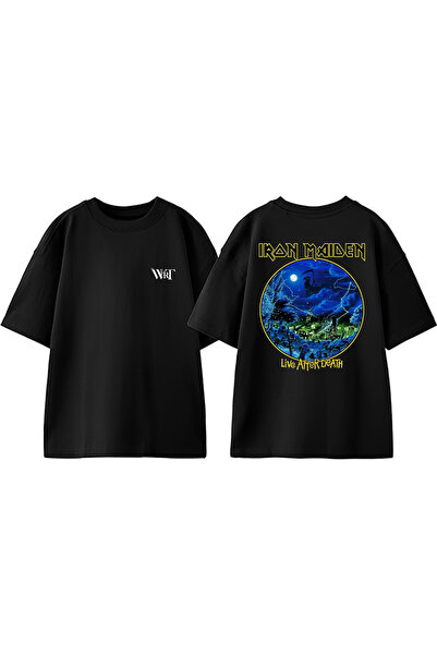 THEWERT Tricou supradimensionat negru din bumbac cu imprimeu pe spate Iron Ma...