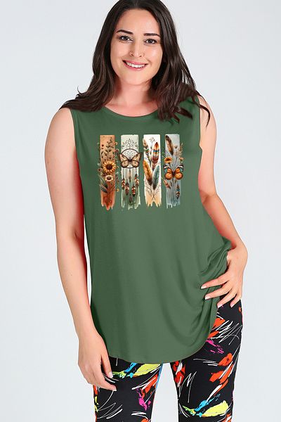 Curvy Trend Large Size Boho Butterfly Printed Sleeveless Viscose Basic Blouse