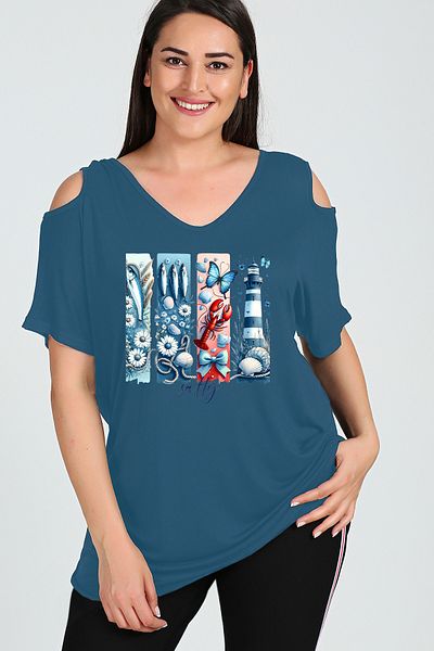 Curvy Trend Large Size Lighthouse Salty Printed Shoulder V Window Short Sleeve Blouse