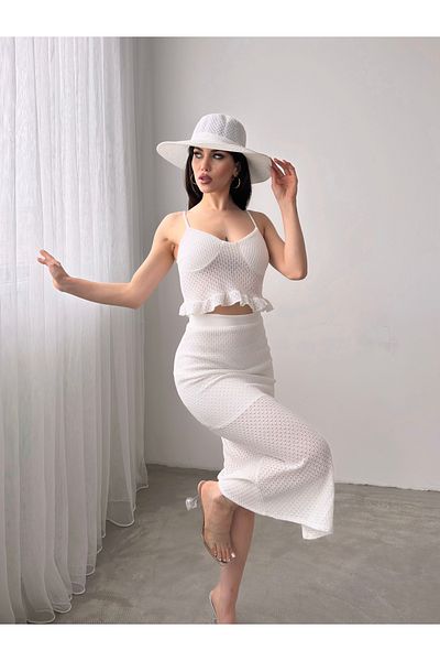 Fav Style Women's Strappy V Neck Crop Blouse and Midi Skirt Set White