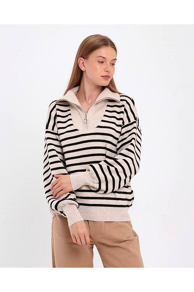 Vorondolo Knitwear Striped Women's Sweater with Zipper Collar