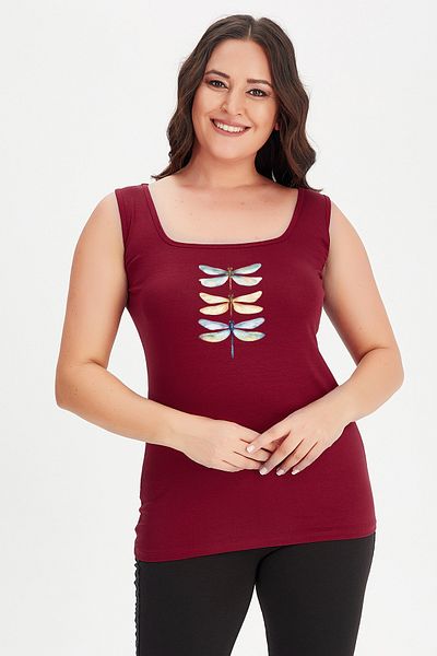 Curvy Trend Large Size Dragonfly Printed Square Neck Thick Strap Tank Top Blouse
