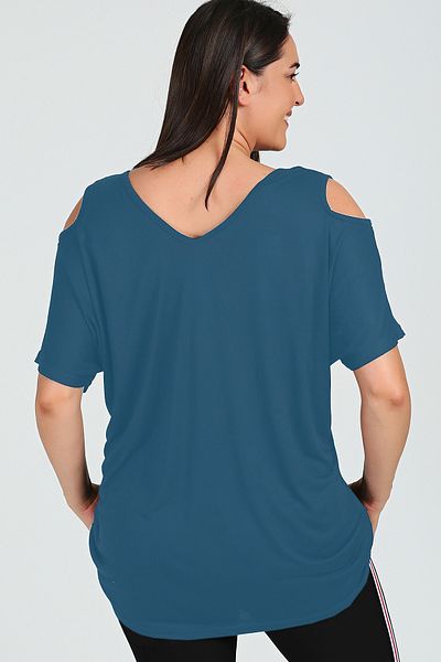 Curvy Trend Large Size Lighthouse Salty Printed Shoulder V Window Short Sleeve Blouse
