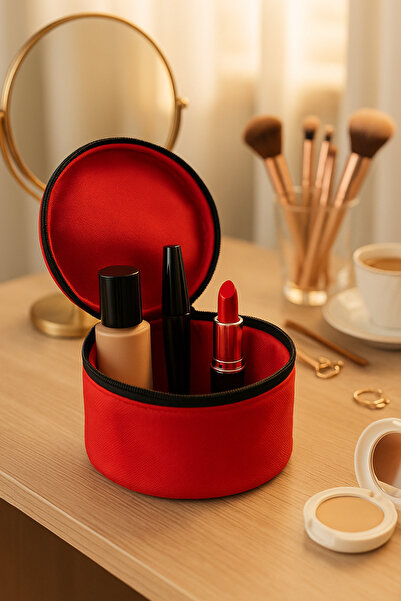 HİG HOME Geantă rotundă roșie pentru machiaj - Organizează-ți produsele de ma...